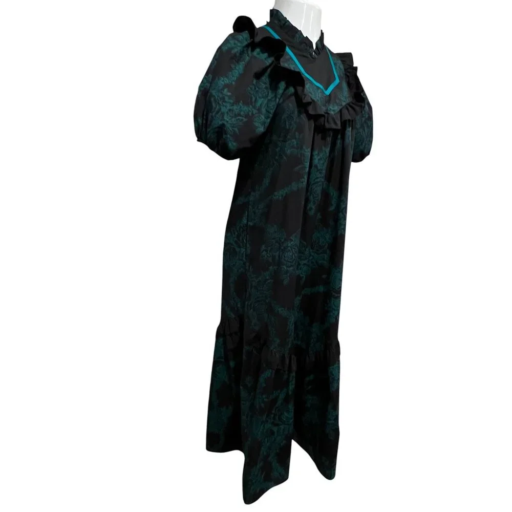 Carol Bennett for Liberty House Vtg Prairie Maxi Dress, Floral Black Green, S/M - Picture 4 of 10